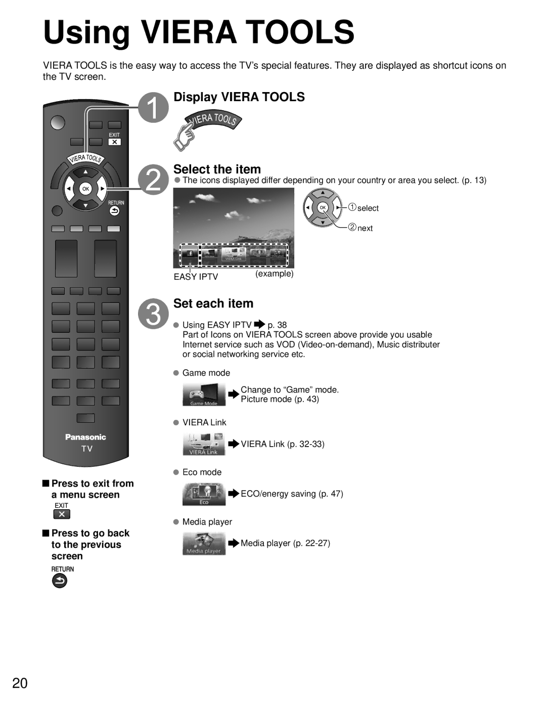 Panasonic TC-60PS34 owner manual Using Viera Tools, Display Viera Tools Select the item, Set each item, Example 