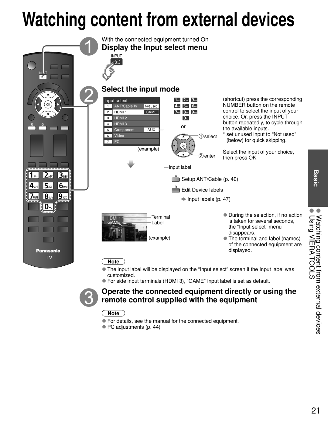 Panasonic TC-60PS34 owner manual Display the Input select menu Select the input mode, From external devices Tools 