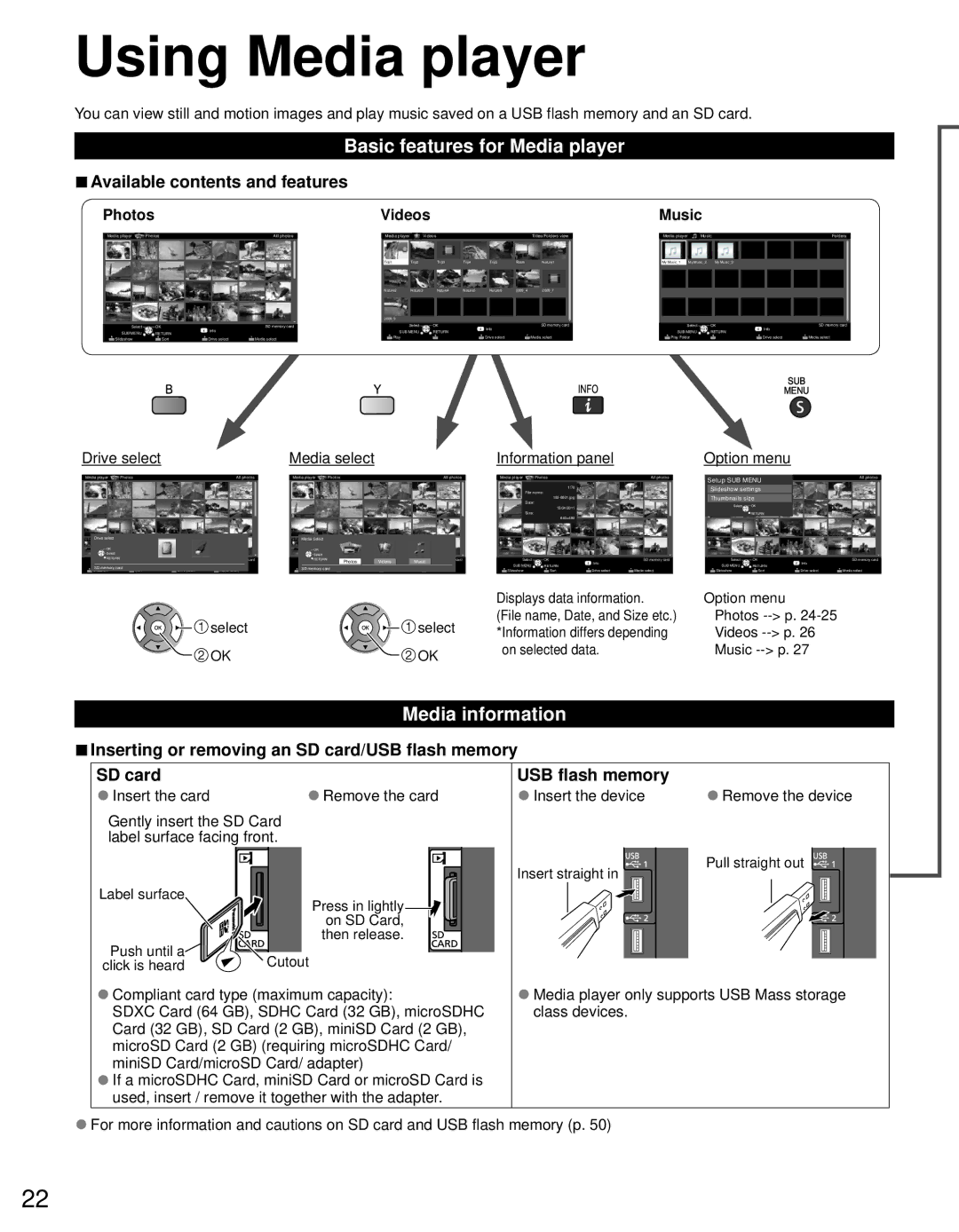 Panasonic TC-60PS34 owner manual Using Media player, Basic features for Media player, Media information 