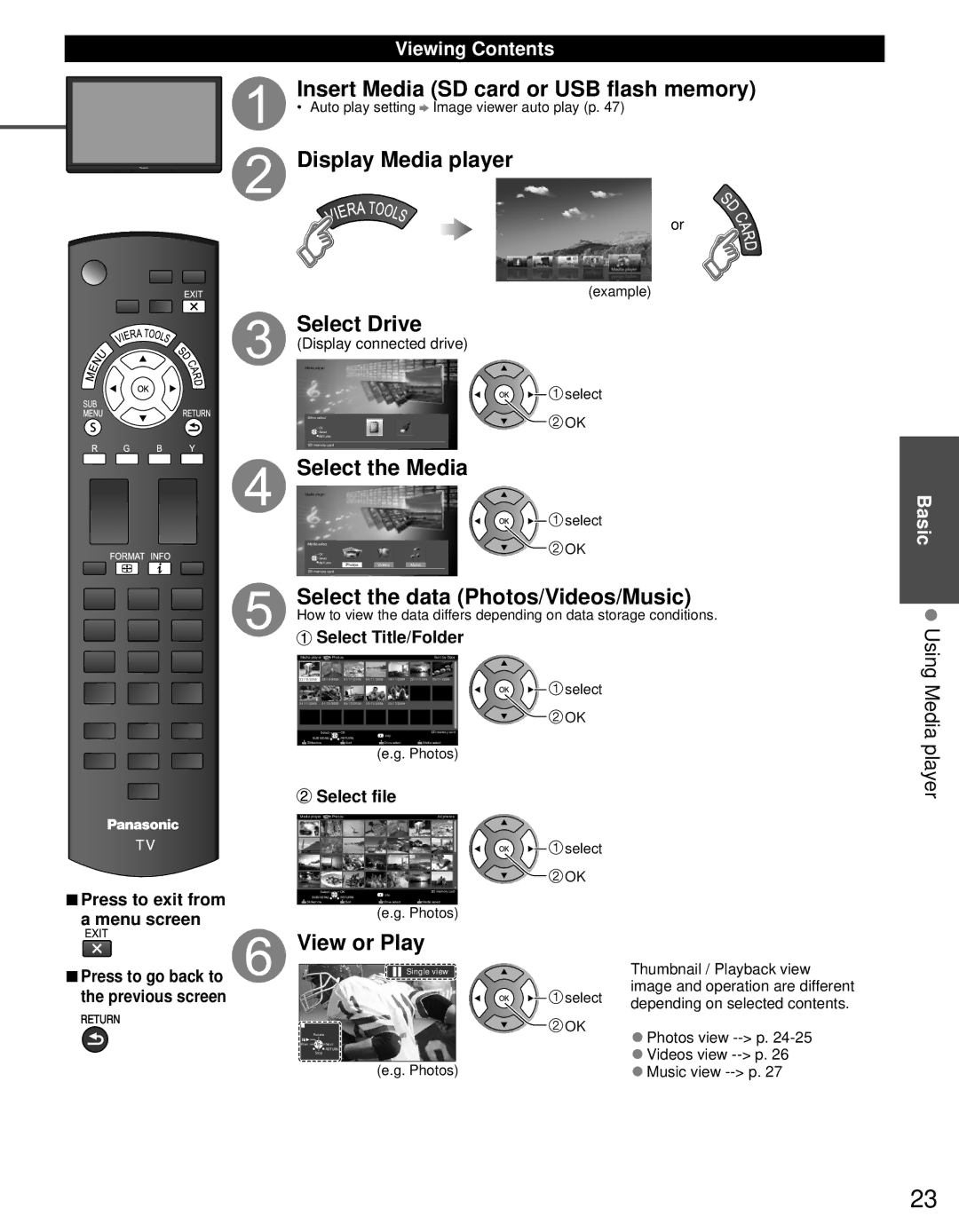 Panasonic TC-60PS34 owner manual Insert Media SD card or USB flash memory, Display Media player, Select Drive, View or Play 