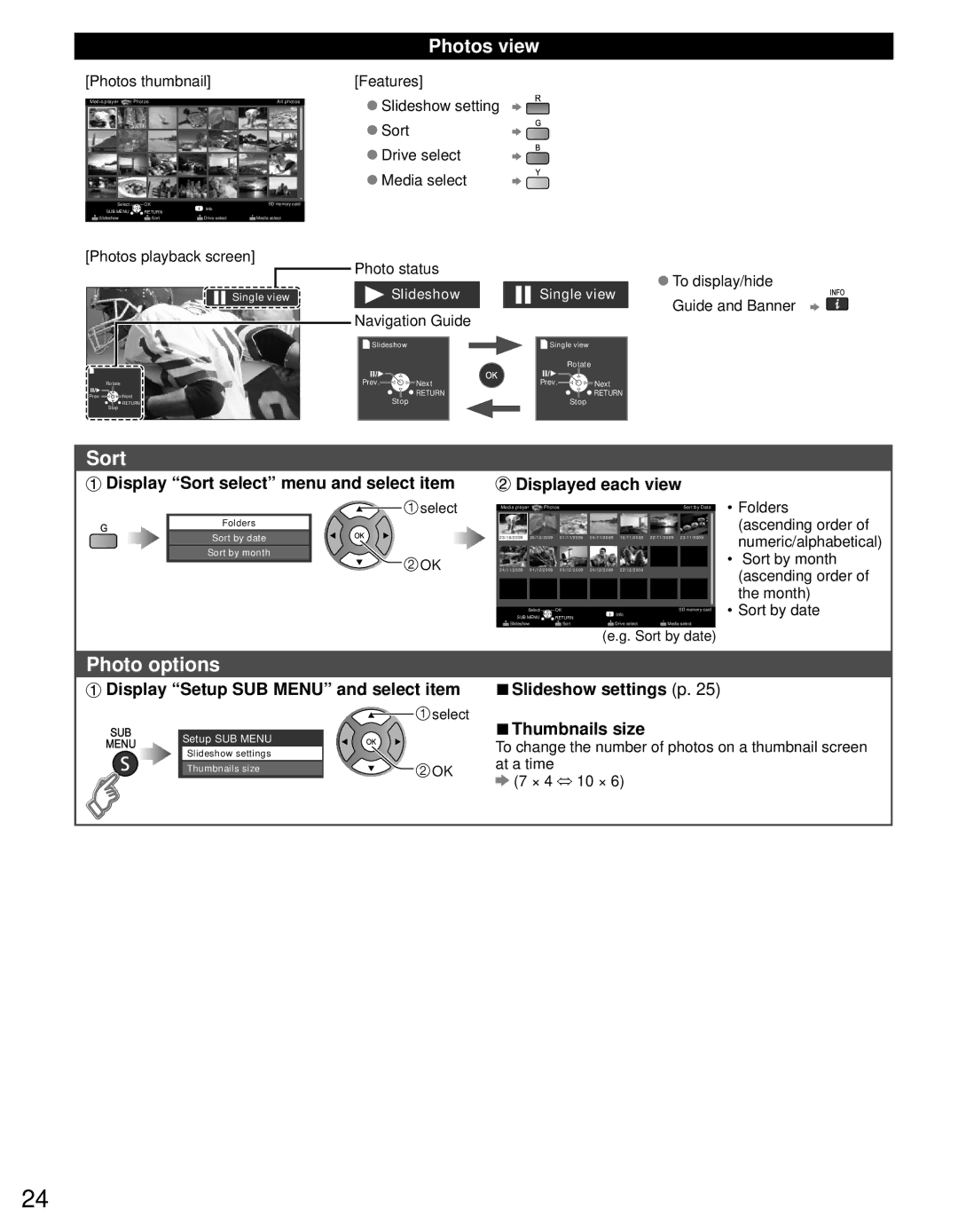 Panasonic TC-60PS34 owner manual Sort, Photo options, Photos view, Display Setup SUB Menu and select item 