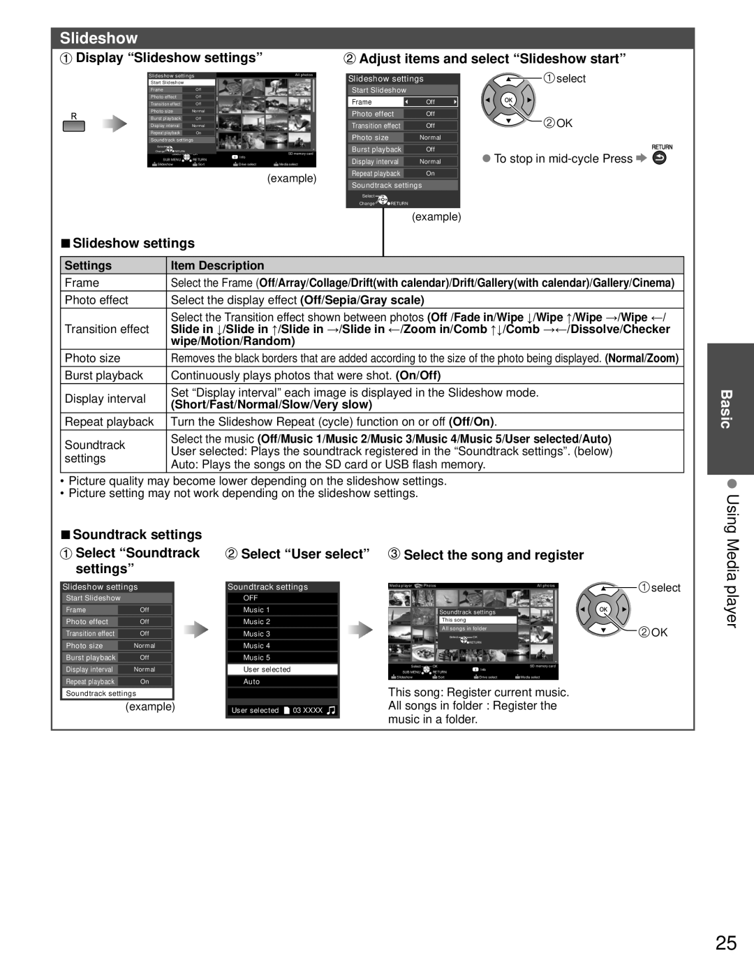 Panasonic TC-60PS34 owner manual Media player, Slideshow settings, Soundtrack settings, Select the song and register 