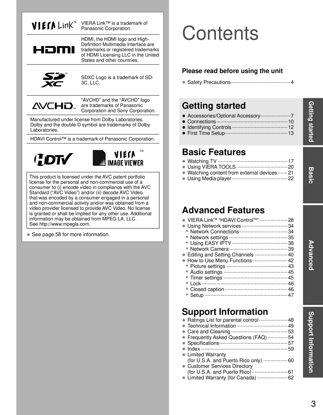 Panasonic TC-60PS34 owner manual Contents 