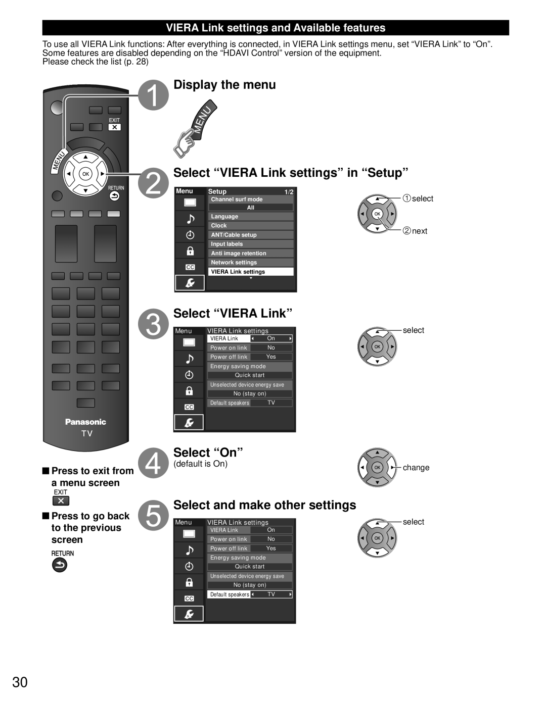 Panasonic TC-60PS34 Display the menu Select Viera Link settings in Setup, Viera Link settings and Available features 