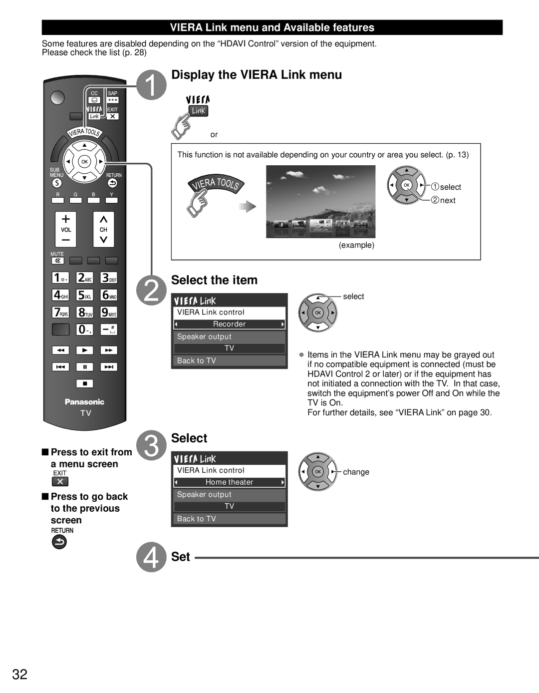 Panasonic TC-60PS34 owner manual Display the Viera Link menu, Select, Set, Viera Link menu and Available features 