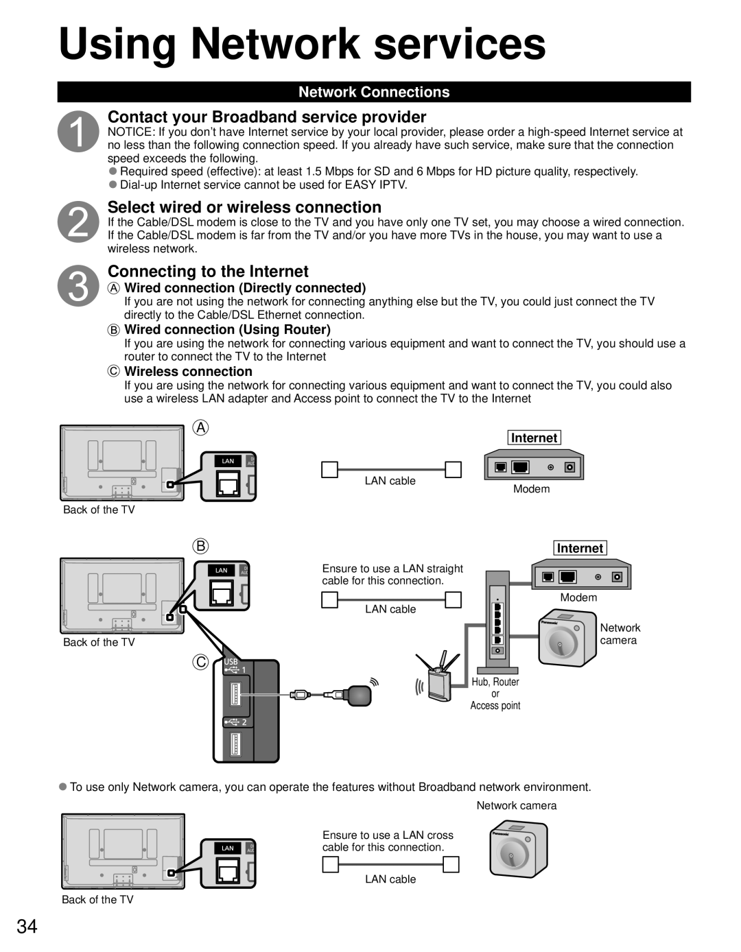 Panasonic TC-60PS34 Using Network services, Contact your Broadband service provider, Select wired or wireless connection 