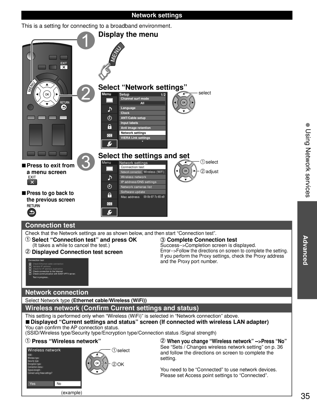 Panasonic TC-60PS34 owner manual Display the menu Select Network settings, Select the settings and set, Network services 