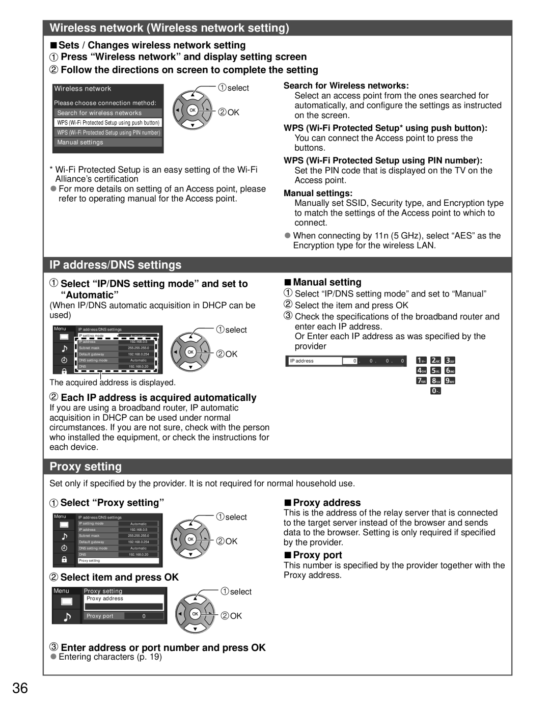 Panasonic TC-60PS34 owner manual Wireless network Wireless network setting, IP address/DNS settings, Proxy setting 