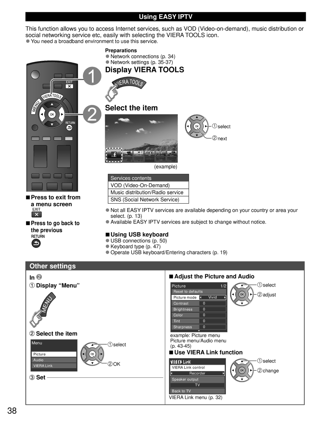 Panasonic TC-60PS34 Other settings, Using Easy Iptv, Using USB keyboard, Display Menu Adjust the Picture and Audio 