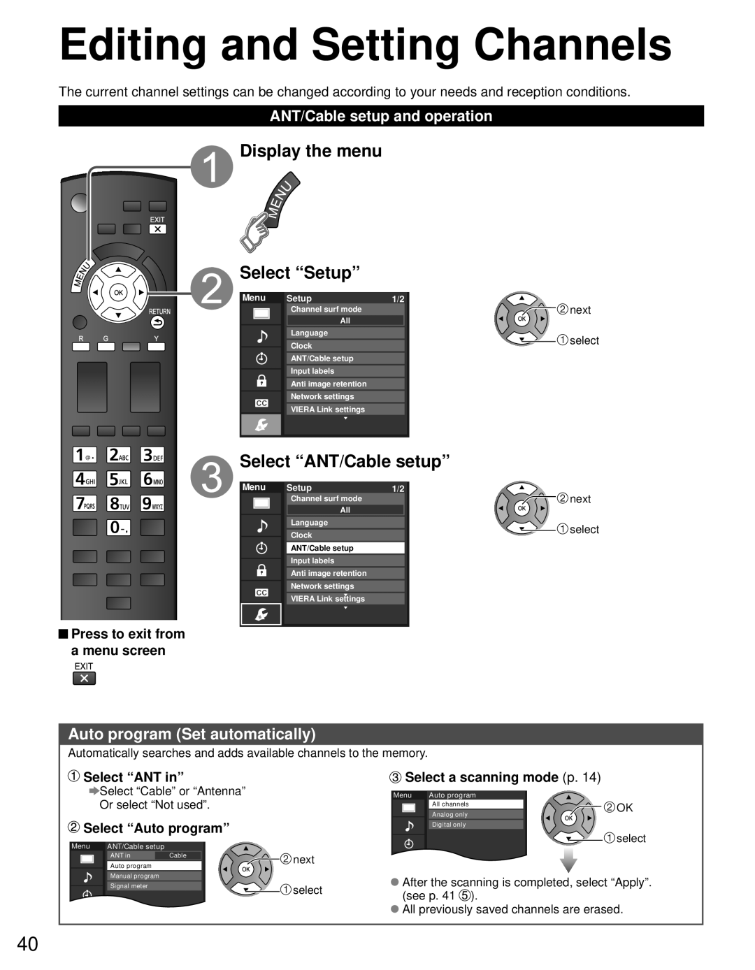 Panasonic TC-60PS34 owner manual Editing and Setting Channels, Display the menu Select Setup, Select ANT/Cable setup 