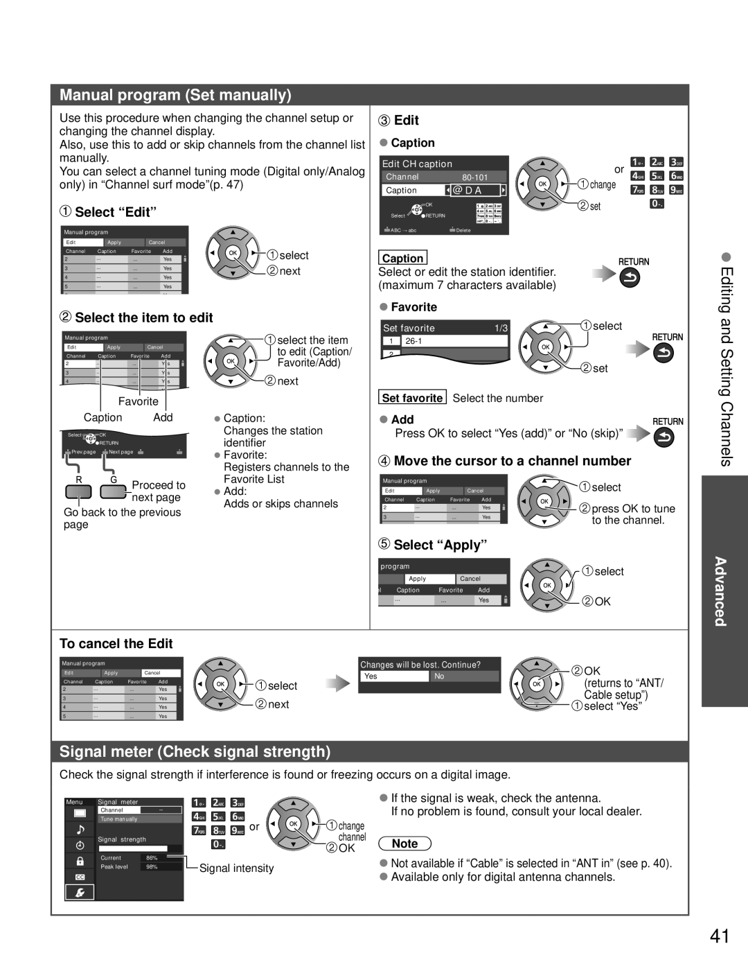 Panasonic TC-60PS34 owner manual Manual program Set manually, Setting Channels, Signal meter Check signal strength 