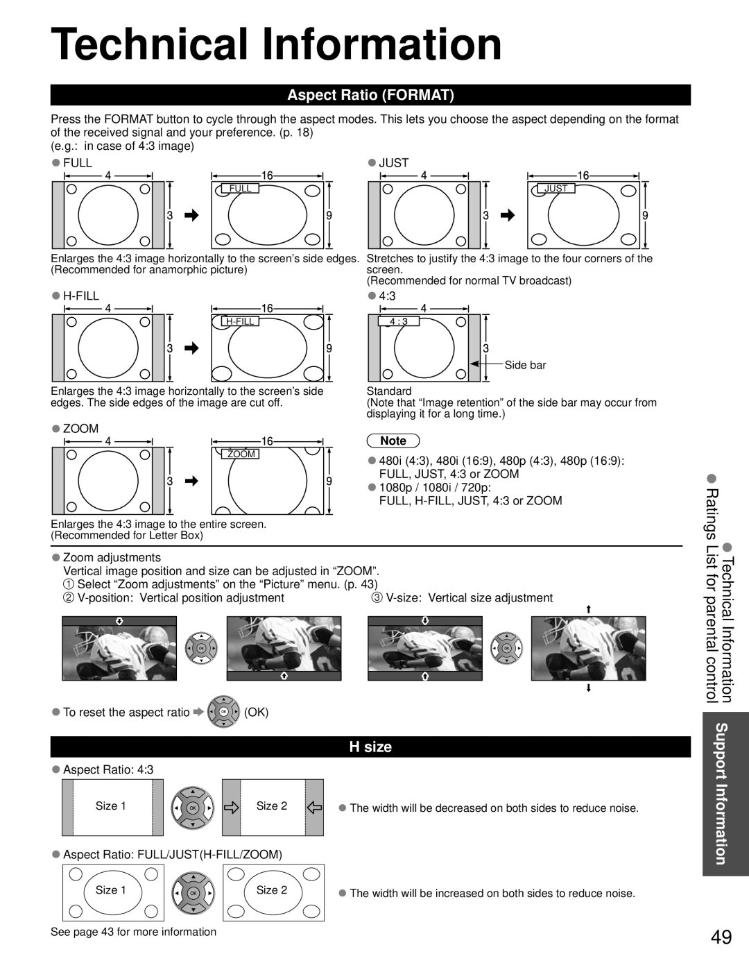 Panasonic TC-60PS34 owner manual Technical Information, Aspect Ratio Format, Size, Aspect Ratio FULL/JUSTH-FILL/ZOOM 