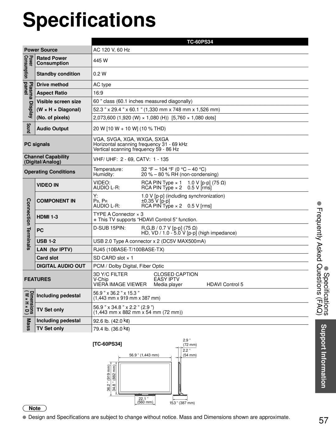 Panasonic TC-60PS34 owner manual Specifications 