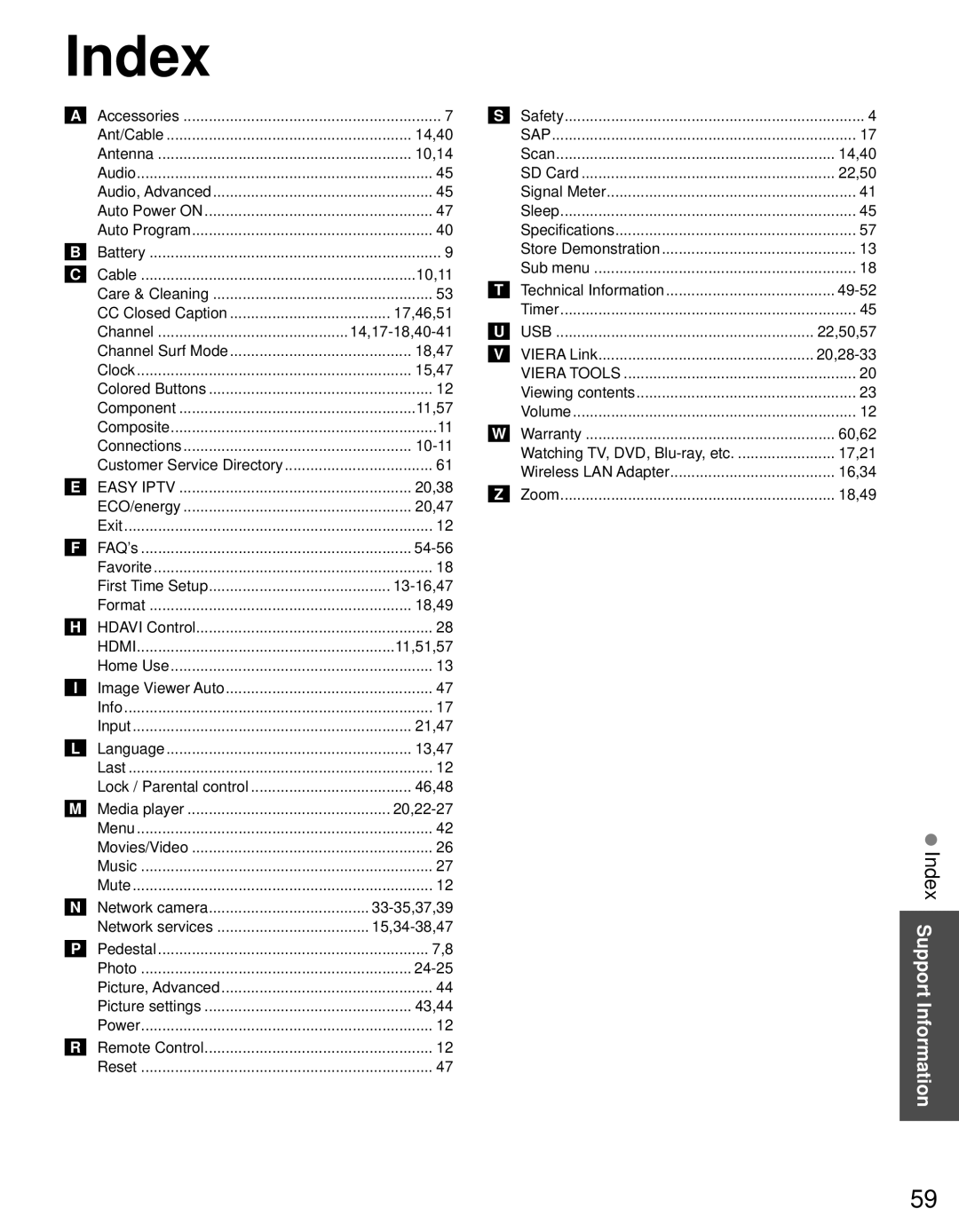 Panasonic TC-60PS34 owner manual Index Support Information 