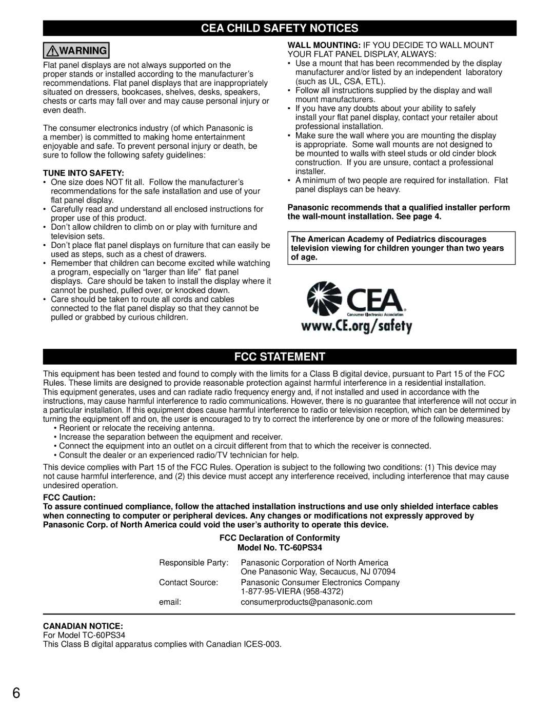 Panasonic TC-60PS34 owner manual CEA Child Safety Notices 