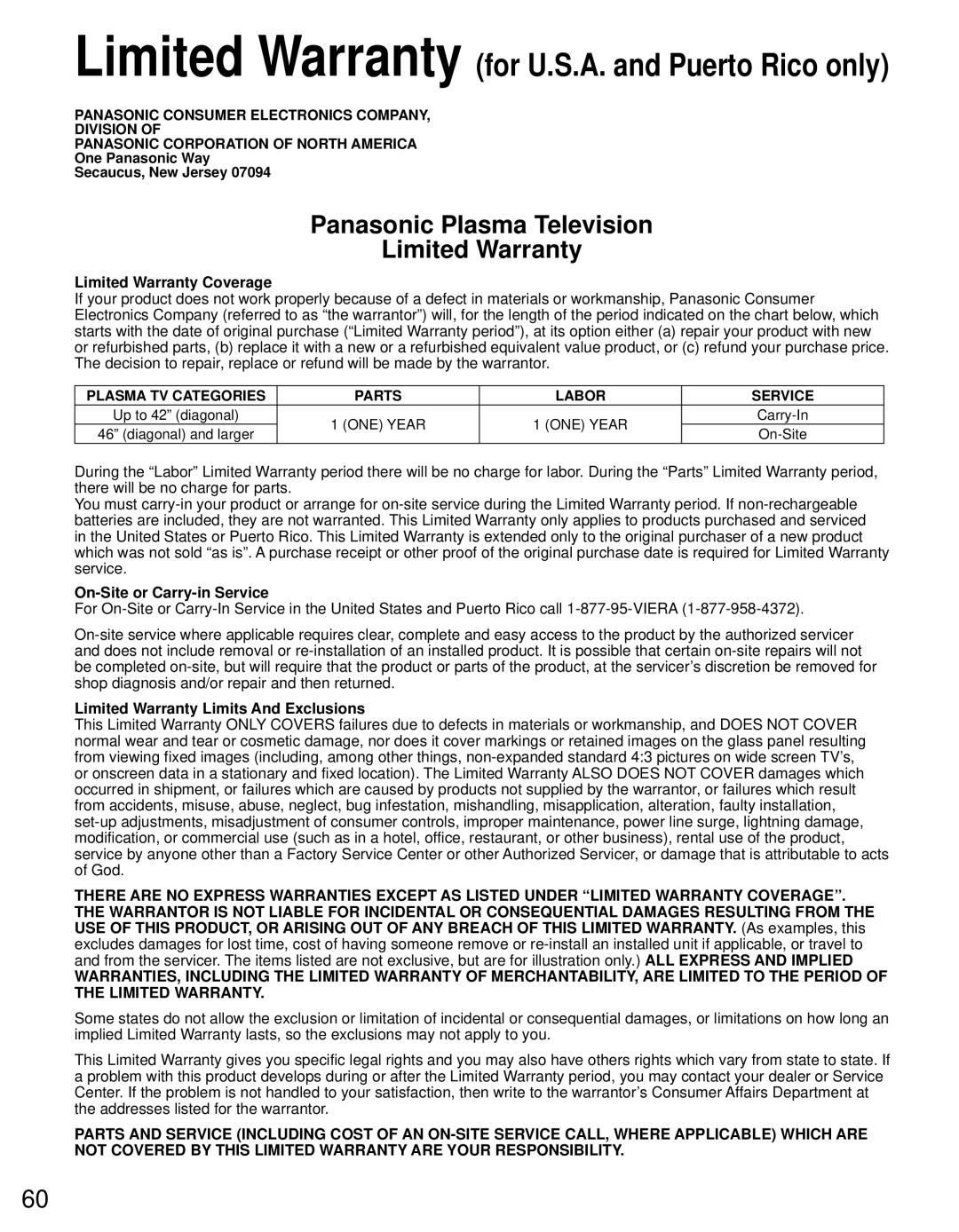 Panasonic TC-60PS34 Limited Warranty Coverage, On-Site or Carry-in Service, Limited Warranty Limits And Exclusions 