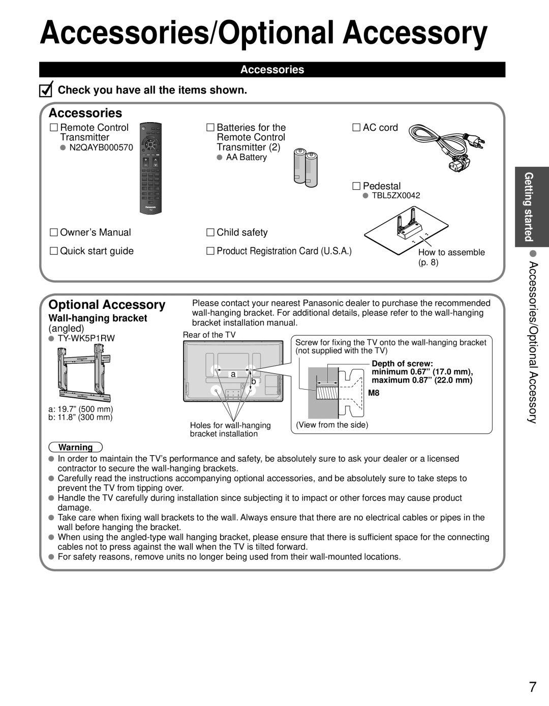 Panasonic TC-60PS34 owner manual Accessories, Optional Accessory, Wall-hanging bracket 