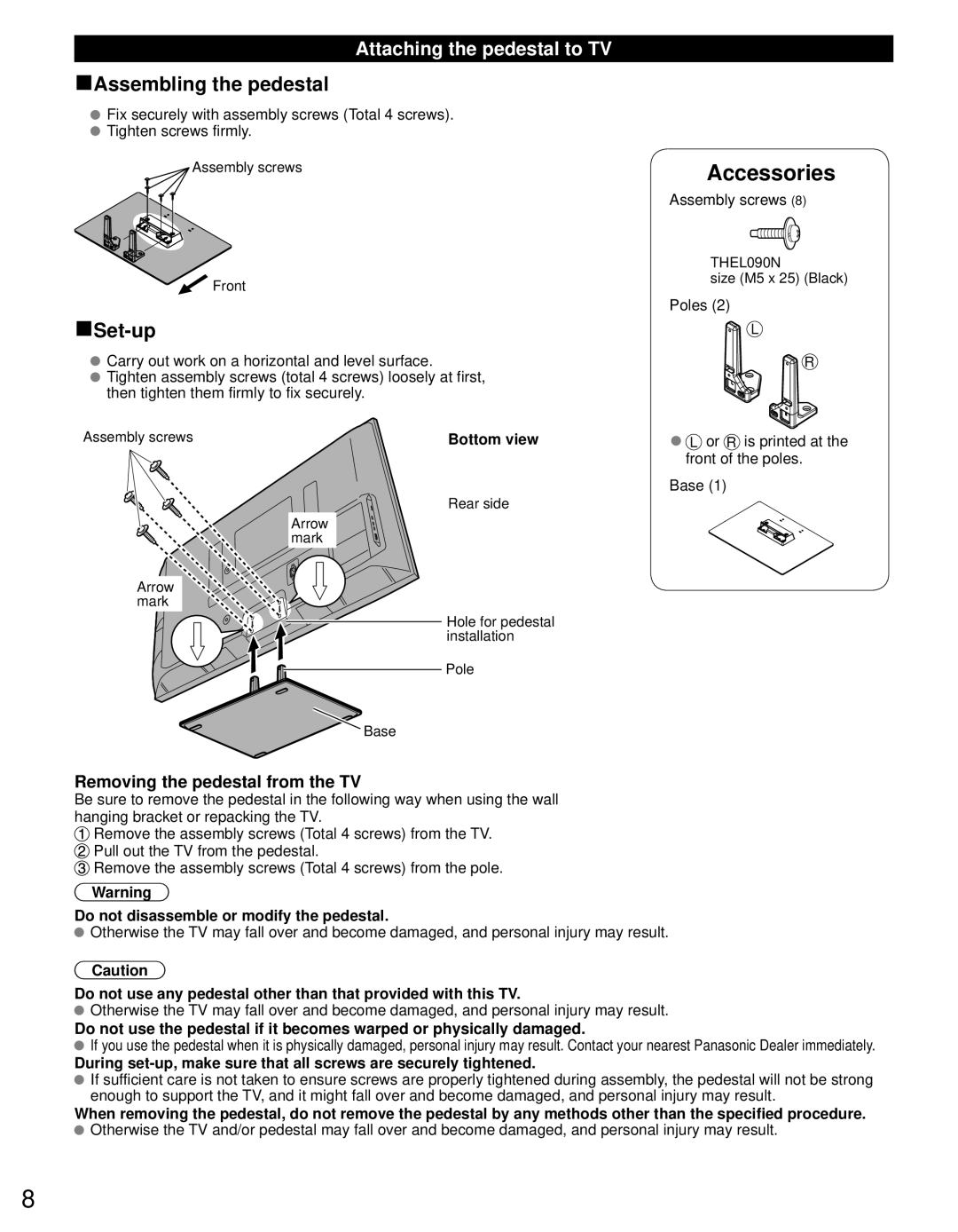 Panasonic TC-60PS34 owner manual Attaching the pedestal to TV, Removing the pedestal from the TV, Assembly screws 