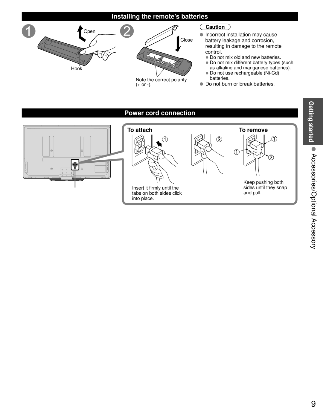 Panasonic TC-60PS34 Getting started Accessories/Optional Accessory, Installing the remote’s batteries, To attach To remove 