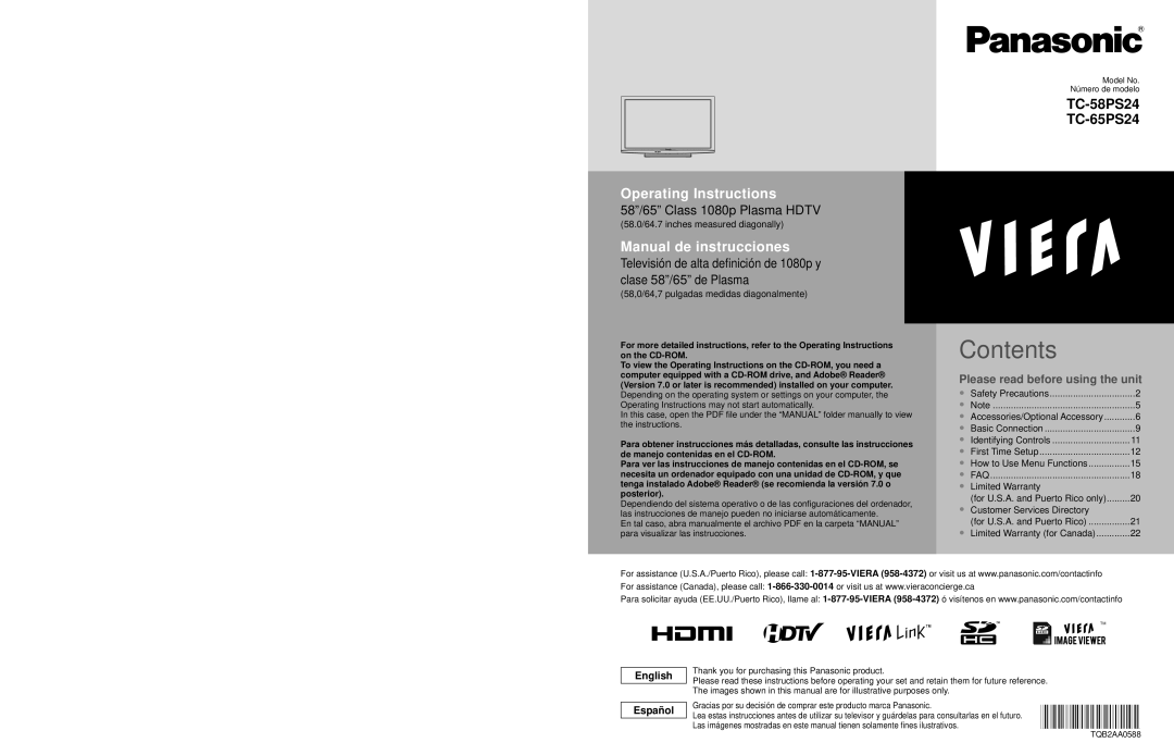 Panasonic TC-58PS24, TC-65PS24 warranty Contents 