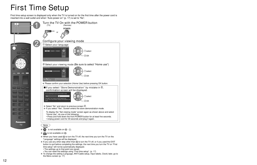 Panasonic TC-65PS24, TC-58PS24 warranty First Time Setup, Turn the TV On with the Power button, Configure your viewing mode 