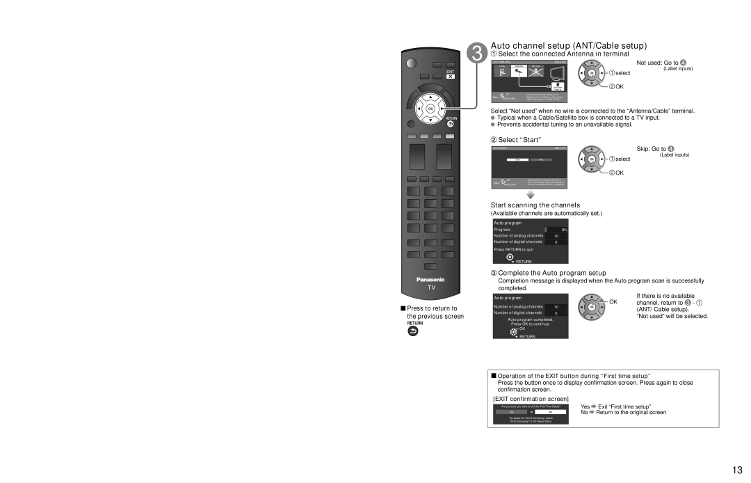 Panasonic TC-58PS24, TC-65PS24 Auto channel setup ANT/Cable setup, Select the connected Antenna in terminal, Select Start 