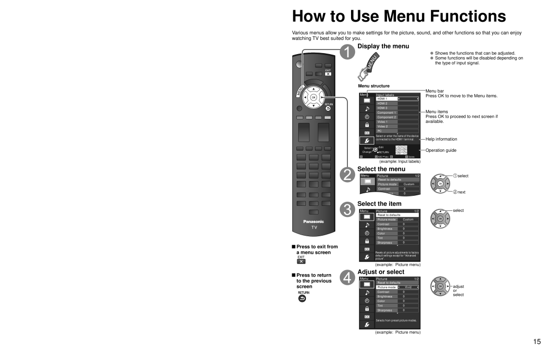 Panasonic TC-65PS24, TC-58PS24 warranty How to Use Menu Functions, Display the menu, Select the menu, Select the item 