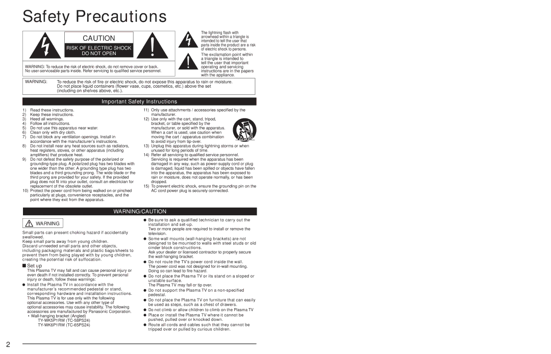 Panasonic TC-65PS24, TC-58PS24 warranty Safety Precautions, Important Safety Instructions, Set up 