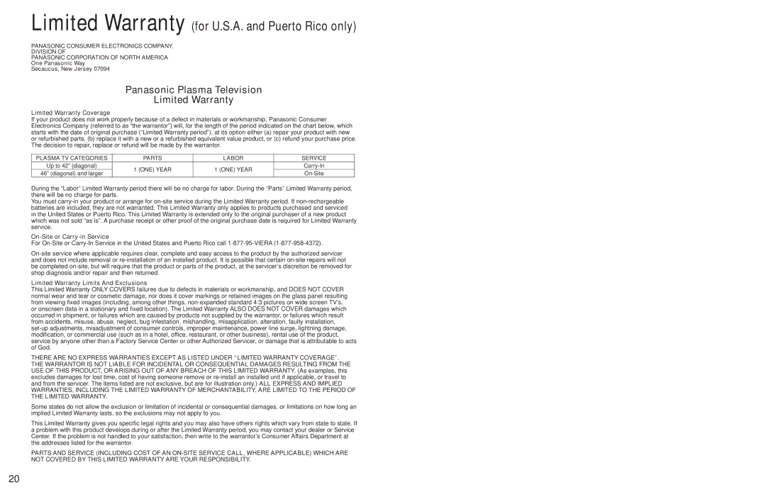 Panasonic TC-58PS24 warranty Limited Warranty Coverage, On-Site or Carry-in Service, Limited Warranty Limits And Exclusions 