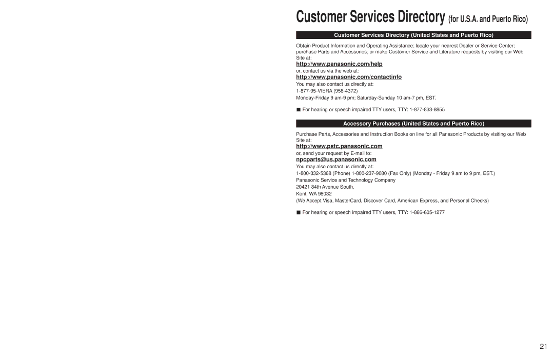 Panasonic TC-65PS24, TC-58PS24 warranty Customer Services Directory United States and Puerto Rico 