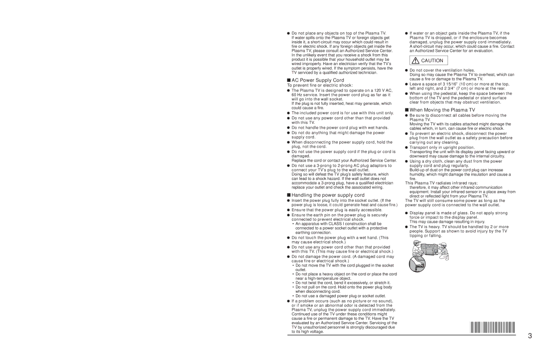 Panasonic TC-58PS24, TC-65PS24 warranty AC Power Supply Cord, Handling the power supply cord, When Moving the Plasma TV 