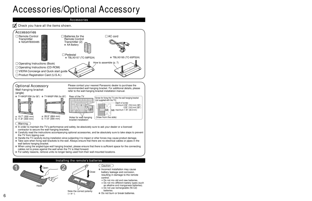 Panasonic TC-65PS24, TC-58PS24 warranty Accessories/Optional Accessory, Installing the remote’s batteries 