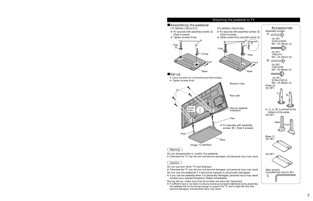 Panasonic TC-58PS24, TC-65PS24 warranty Attaching the pedestal to TV, Bottom view, Do not disassemble or modify the pedestal 