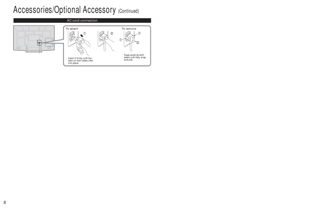 Panasonic TC-65PS24, TC-58PS24 warranty AC cord connection, To attach To remove 