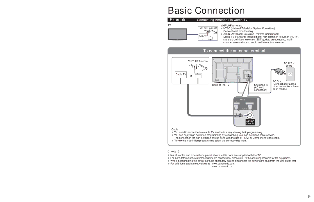 Panasonic TC-58PS24, TC-65PS24 Basic Connection, Connecting Antenna To watch TV, VHF/UHF Antenna, Back of the TV, Cable 