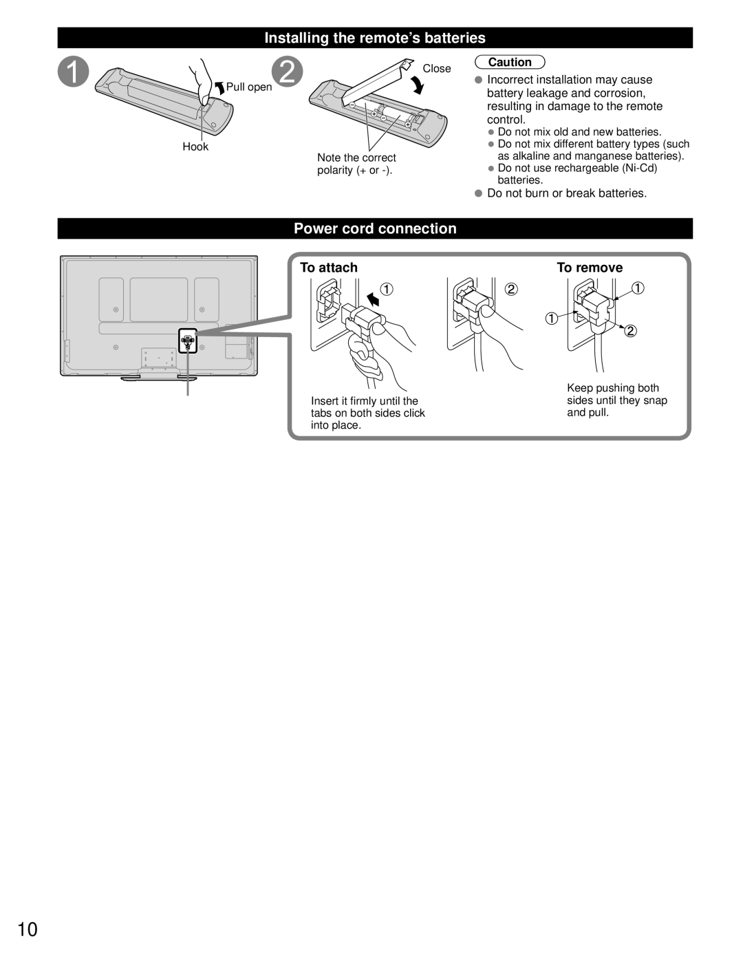 Panasonic TC-65PST34 owner manual Installing the remote’s batteries, Power cord connection, To attach To remove 