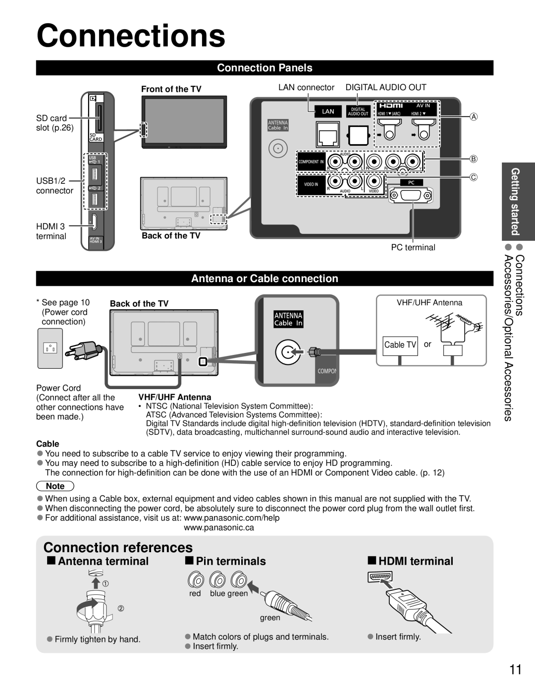 Panasonic TC-65PST34 owner manual Connections, Accessories, Connection Panels, Antenna or Cable connection 