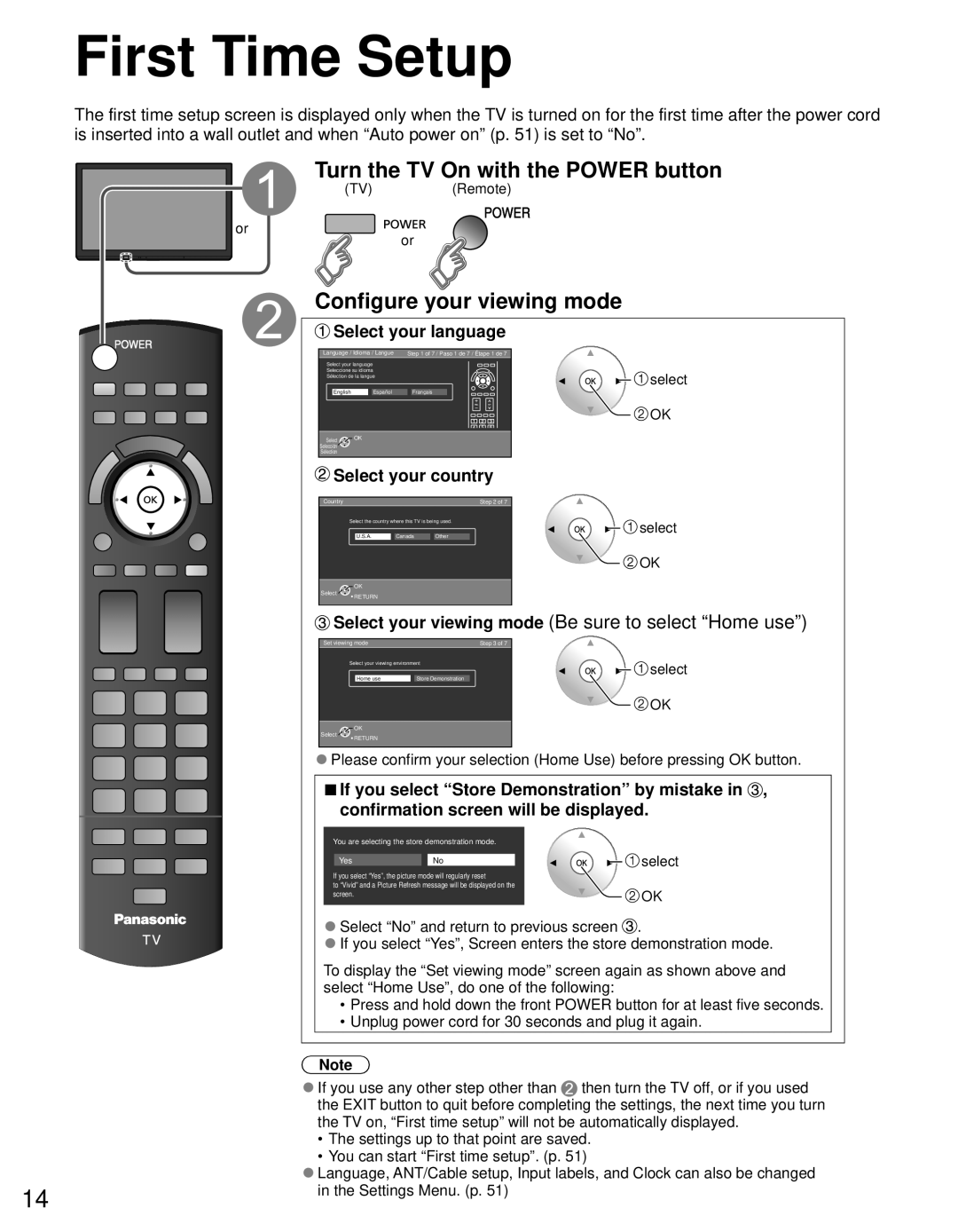 Panasonic TC-65PST34 owner manual First Time Setup, Turn the TV On with the Power button, Configure your viewing mode 