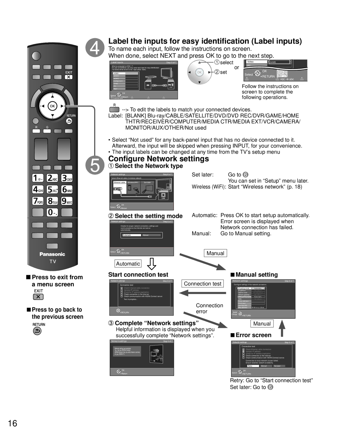 Panasonic TC-65PST34 owner manual Label the inputs for easy identification Label inputs, Configure Network settings 