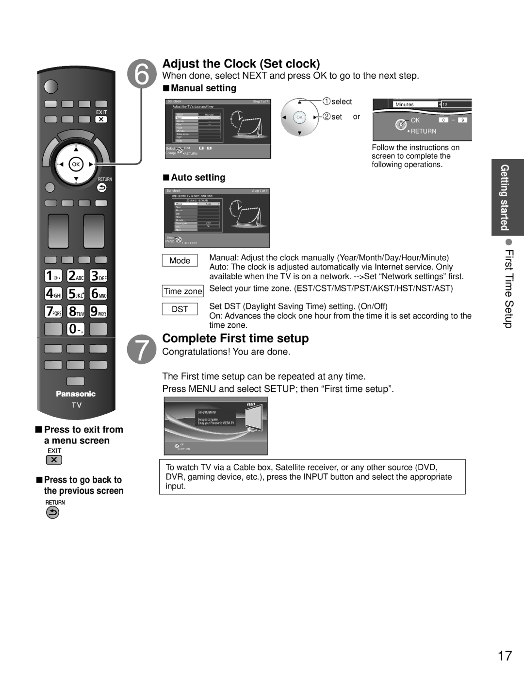 Panasonic TC-65PST34 owner manual Adjust the Clock Set clock, Complete First time setup, Manual setting, Auto setting 