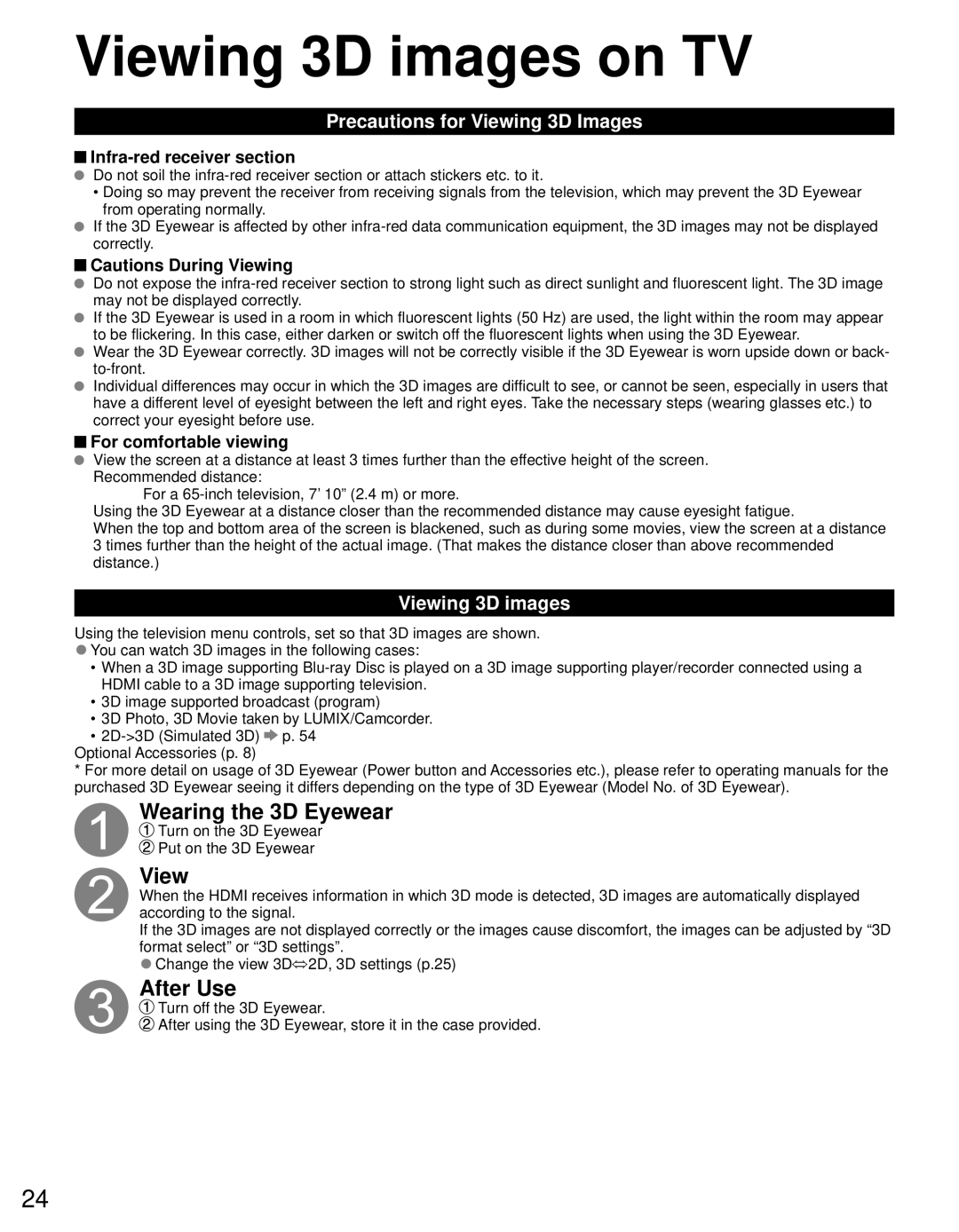 Panasonic TC-65PST34 owner manual Viewing 3D images on TV, Wearing the 3D Eyewear, After Use 