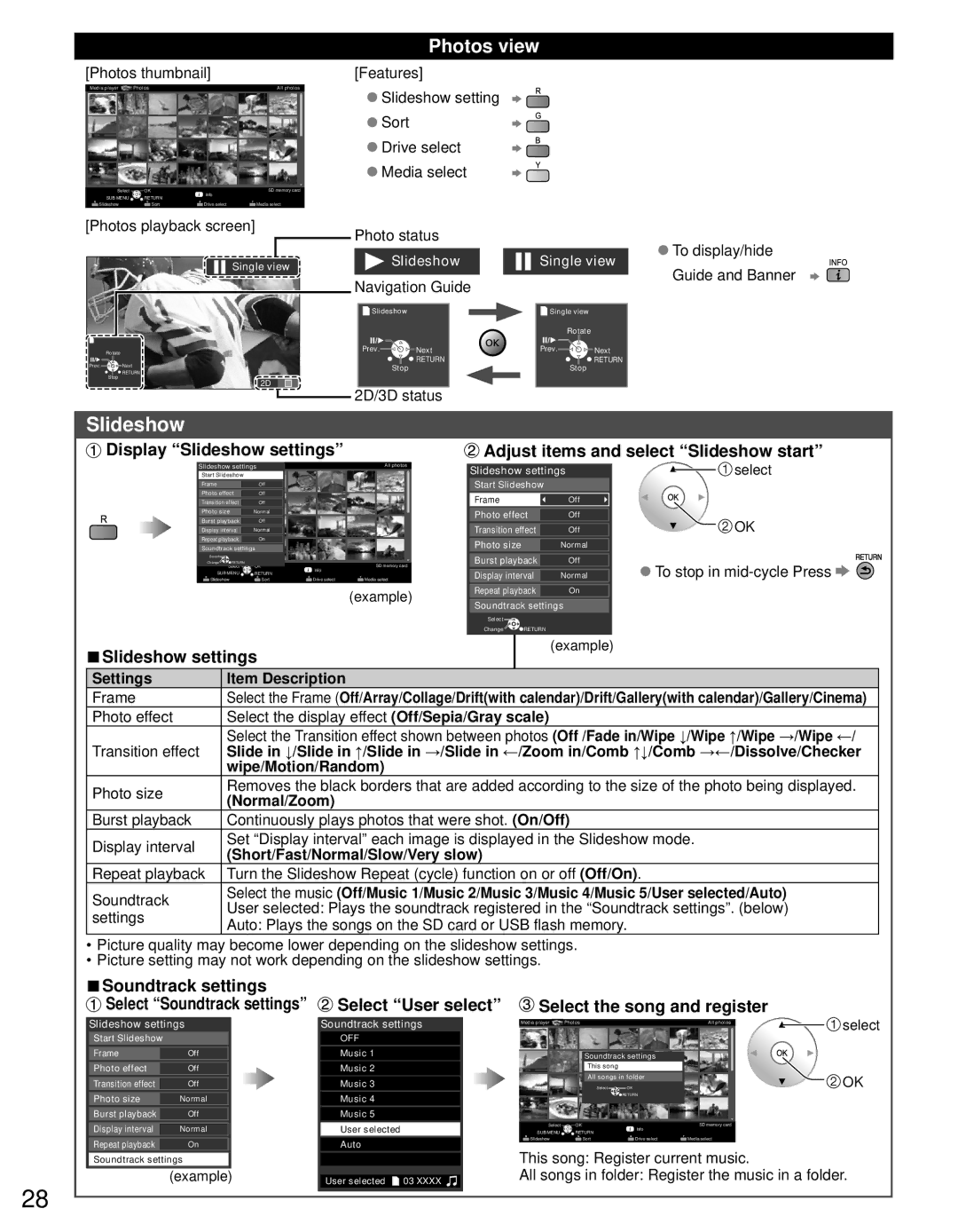 Panasonic TC-65PST34 owner manual Photos view, Slideshow settings, Soundtrack settings, Select the song and register 