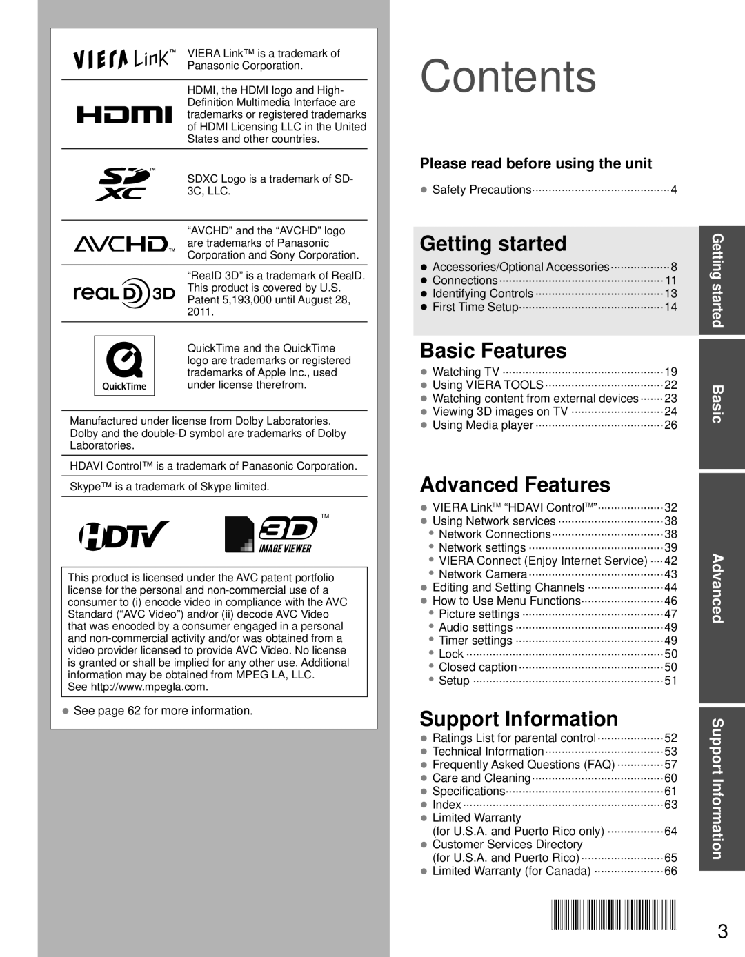 Panasonic TC-65PST34 owner manual Contents 