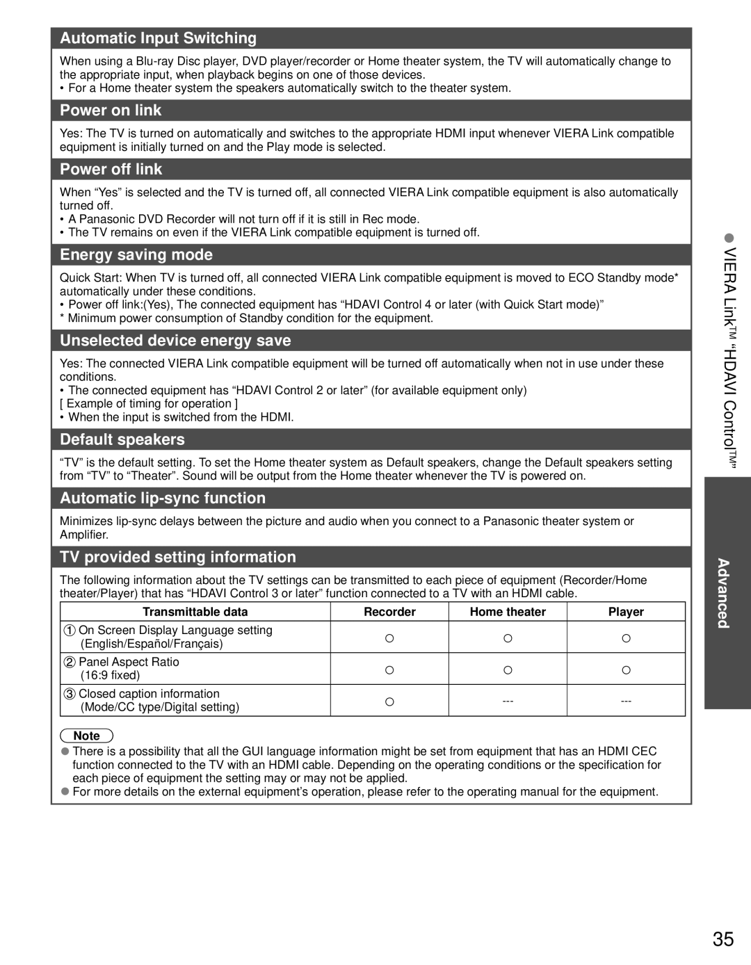 Panasonic TC-65PST34 Automatic Input Switching, Power on link, Power off link, Energy saving mode, Default speakers 