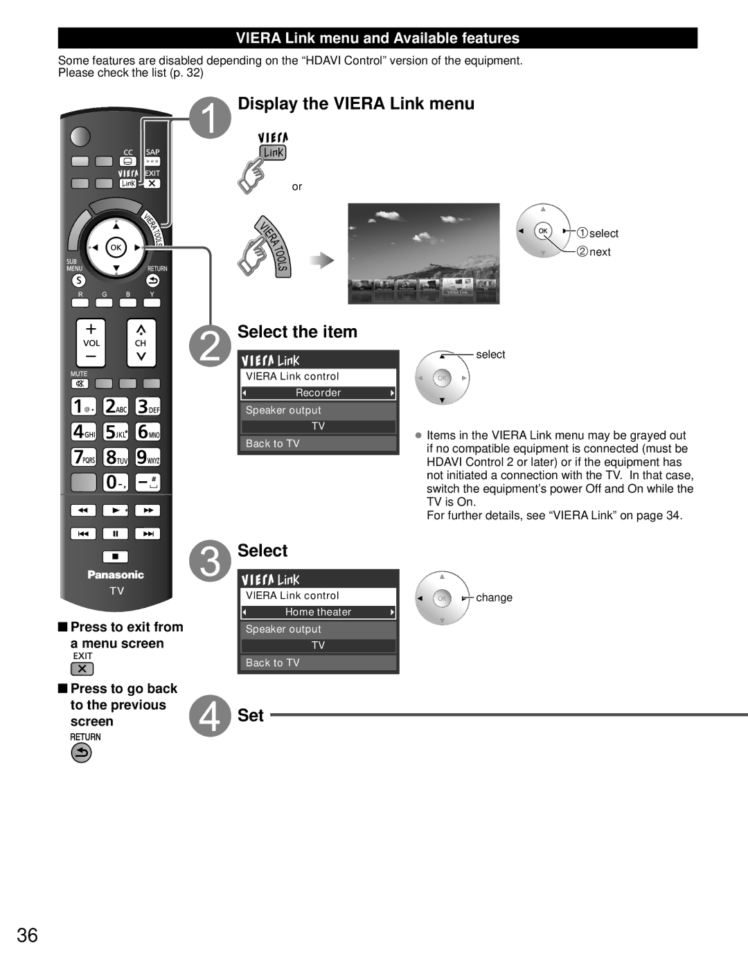 Panasonic TC-65PST34 Display the Viera Link menu Select the item, Viera Link menu and Available features, Select next 