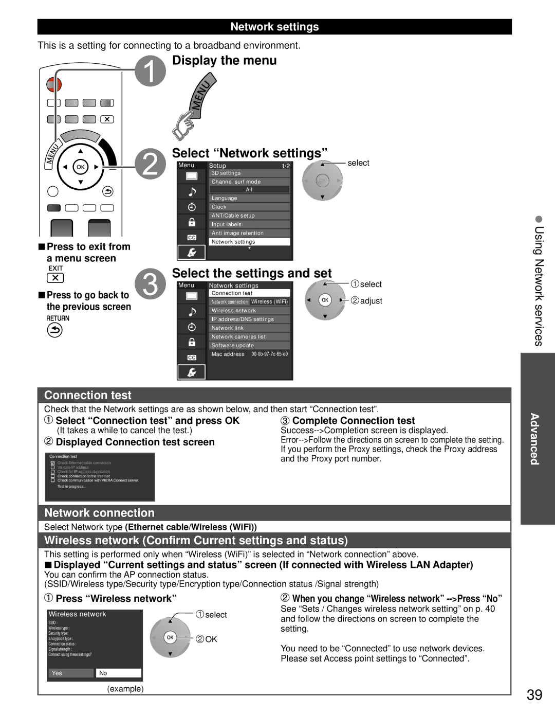 Panasonic TC-65PST34 owner manual Display the menu Select Network settings, Select the settings and set, Network services 