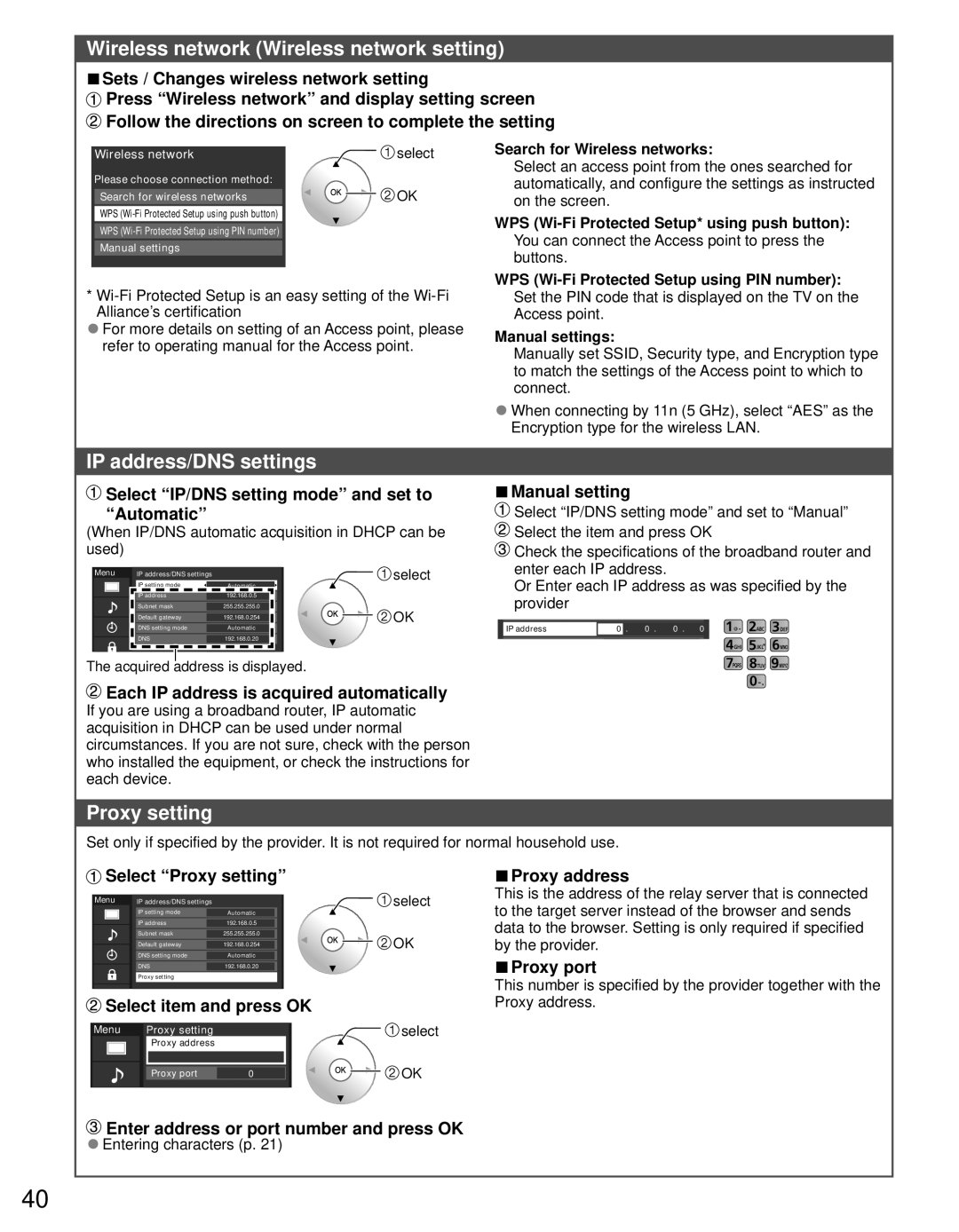 Panasonic TC-65PST34 owner manual Wireless network Wireless network setting, IP address/DNS settings, Proxy setting 