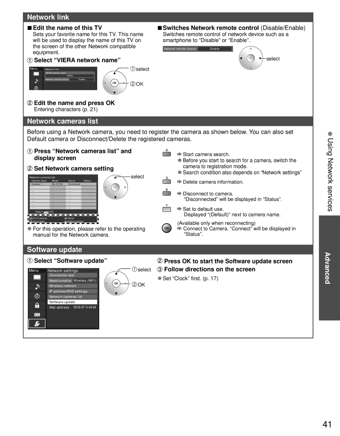 Panasonic TC-65PST34 owner manual Network link, Network cameras list, Software update, Using Network services 