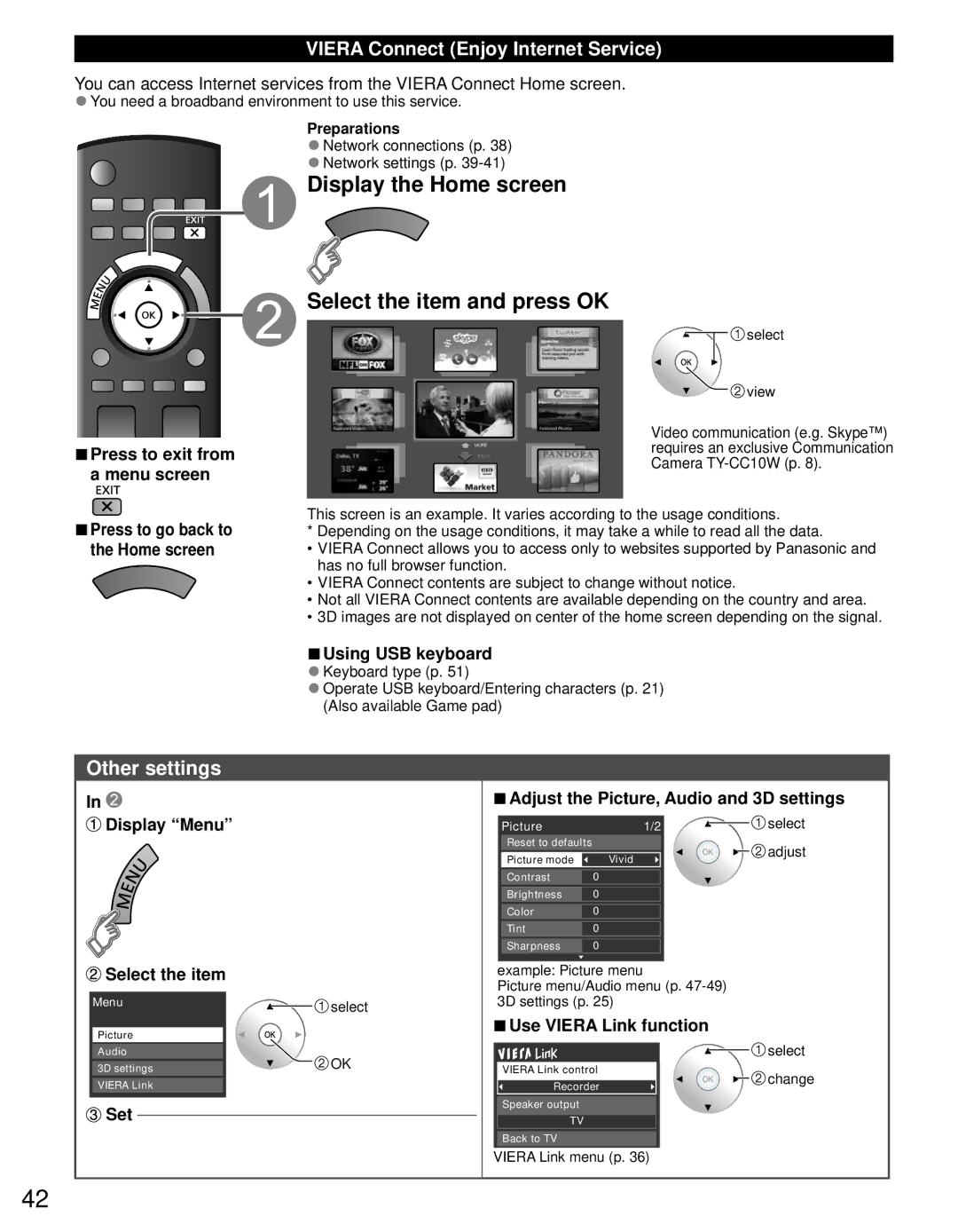 Panasonic TC-65PST34 owner manual Display the Home screen, Select the item and press OK, Other settings, Using USB keyboard 