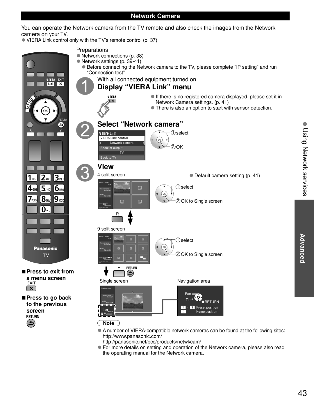 Panasonic TC-65PST34 owner manual Display Viera Link menu, Select Network camera, Services, Network Camera 